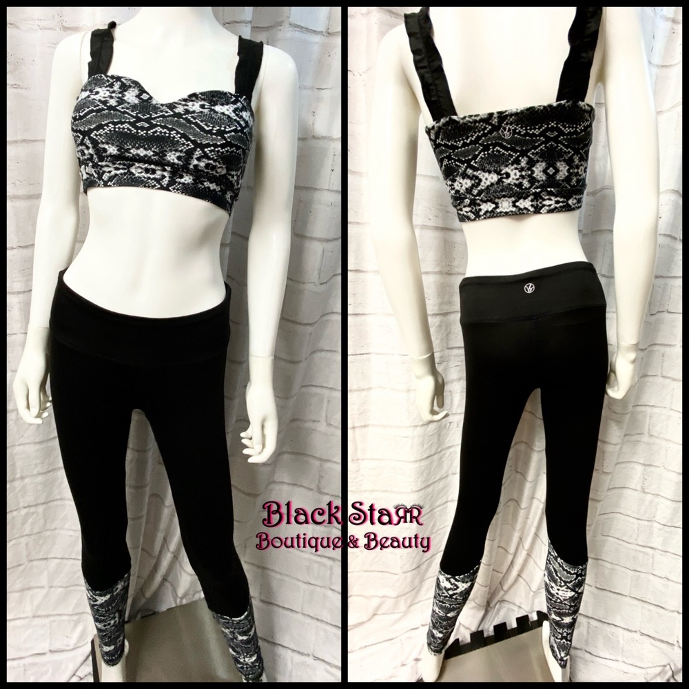 Matching black/snakeskin workout set. Yoga pants w/crop top bra. NEW. All Sizes